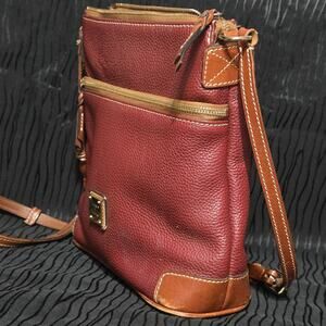 Dooney & Bourke Red Pebbled Leather Crossbody Bag Brown Trim Double Zip Purse
